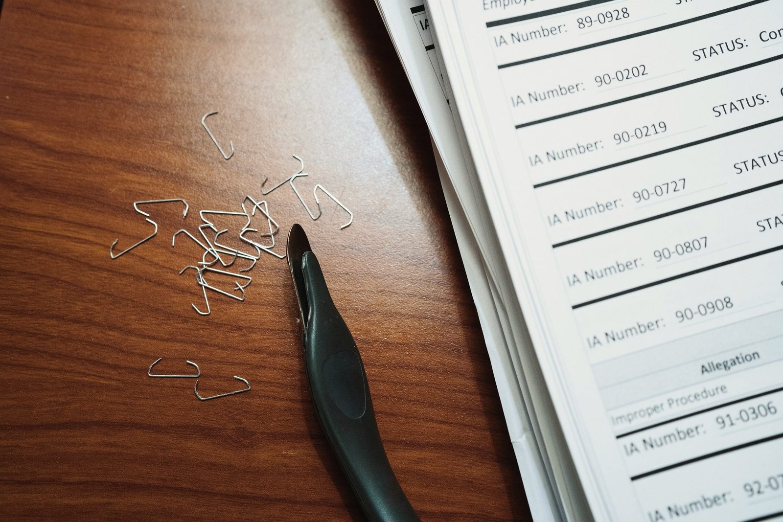 Printed case documents beside loose staples and a staple remover on a wooden desk